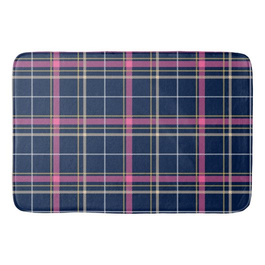 Navy Blue Tartan Kariert mit Pink White Beige Badematte (Vorderseite)