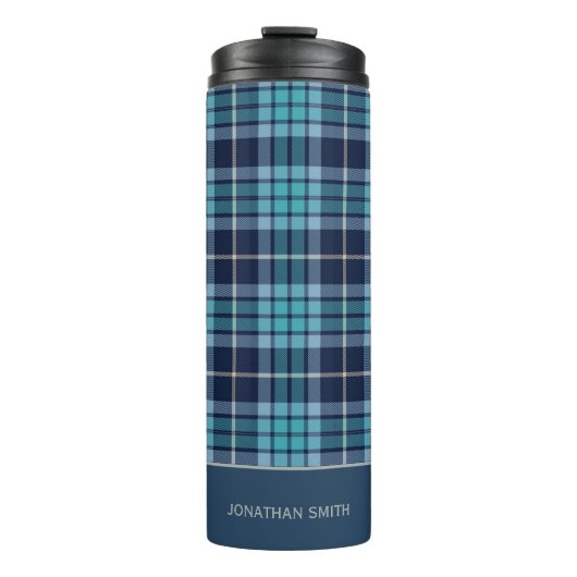 Navy Blue Tartan Plaid Pattern Thermosbecher (Vorderseite)
