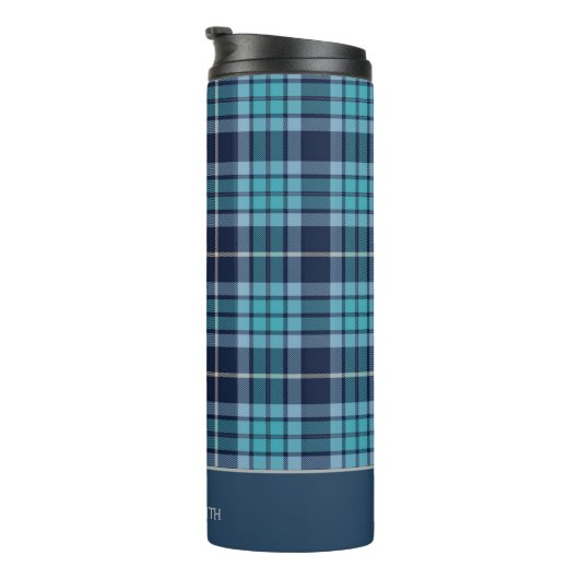 Navy Blue Tartan Plaid Pattern Thermosbecher (Nach rechts gedreht)