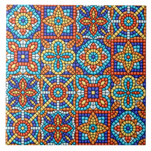 Navy Blue Teal White Red Marble Moroccan Mosaic  Fliese (Vorderseite)