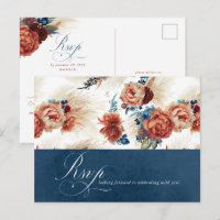 Navy Blue Terracotta Floral Boho Wedding RSVP