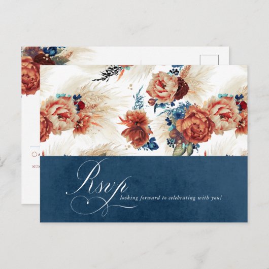 Navy Blue Terracotta Floral Boho Wedding RSVP Postkarte (Vorne/Hinten)