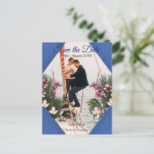 Navy - Blue Textured & Pink Blume Speichern Sie di Ankündigungspostkarte (Stehend Vorderseite)