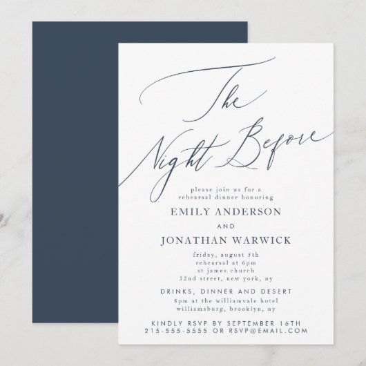 Navy Blue The Night Before Probe Wedding Einladung (Vorne/Hinten)