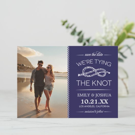 Navy Blue The Tying the Knots Foto Save the Date (Stehend Vorderseite)