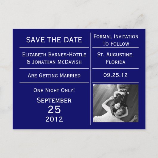 Navy Blue Ticket Foto Save the Date Ankündigungspostkarte (Vorderseite)