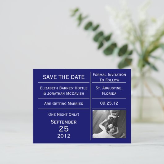 Navy Blue Ticket Foto Save the Date Ankündigungspostkarte (Stehend Vorderseite)