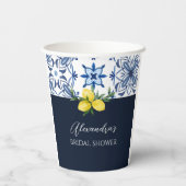 Navy Blue Tile Yellow Lemon Brautparty Pappbecher (Rückseite)