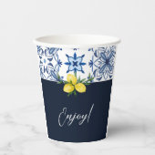 Navy Blue Tile Yellow Lemon Brautparty Pappbecher (Vorderseite)