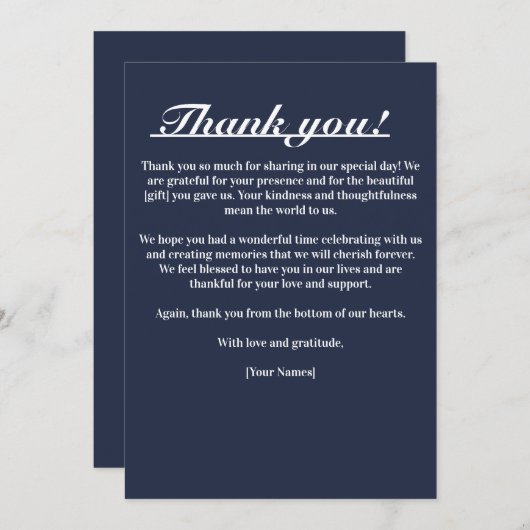 Navy Blue Timeless Elegance Danke Karte (Vorne/Hinten)