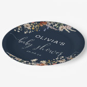Navy Blue Tiny Wildblume Baby Shower Paper Plate Pappteller (Schrägansicht)