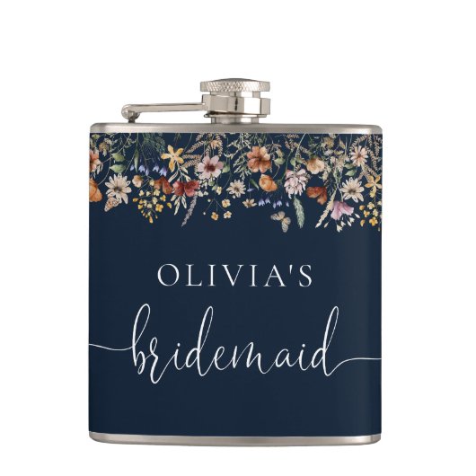 Navy Blue Tiny Wildblume Brautparty Flask Flachmann (Vorderseite)