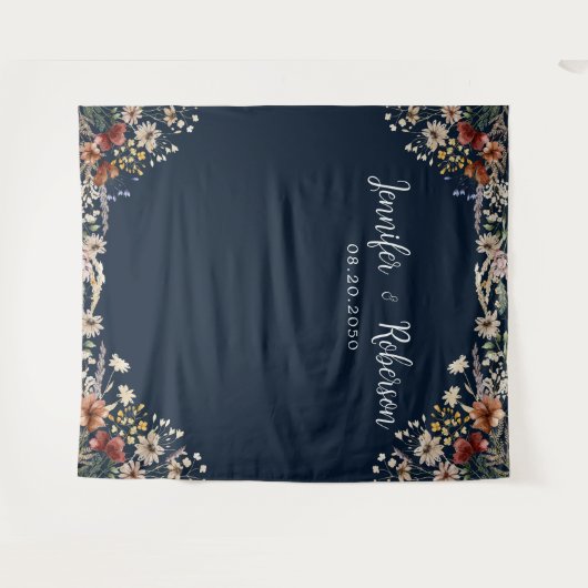 Navy Blue Tiny Wildblume Hochzeitstorts Wandteppich (Vorderseite (Horizontal))