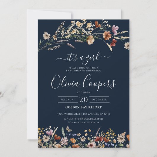 Navy Blue Tiny Wildblume Kinderdusche Einladung (Vorderseite)