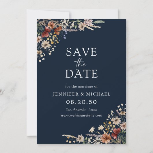 Navy Blue Tiny Wildblume Save the Date Card (Vorderseite)