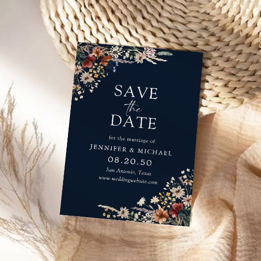 Navy Blue Tiny Wildblume Save the Date Card