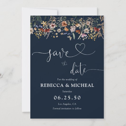 Navy Blue Tiny Wildblume Save the Date Card (Vorderseite)
