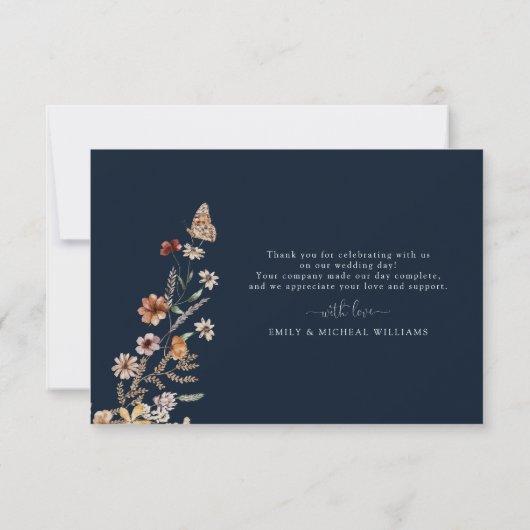 Navy Blue Tiny Wildblume Wedding Flat Dankeskarte (Rückseite)