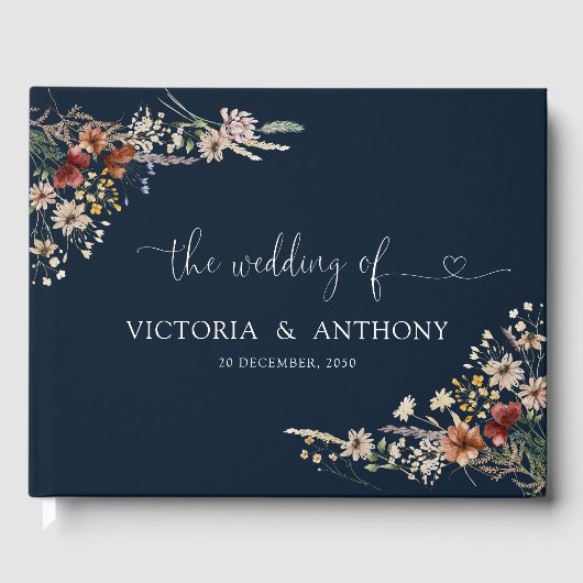 Navy Blue Tiny Wildblume Wedding Guest Book Gästebuch (Vorderseite)