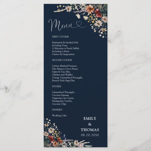 Navy Blue Tiny Wildblume Wedding Menu Menükarte (Vorderseite)