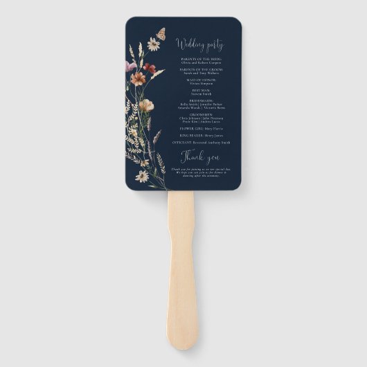 Navy Blue Tiny Wildblume Wedding Program Hand Fan Fächer (Rückseite)