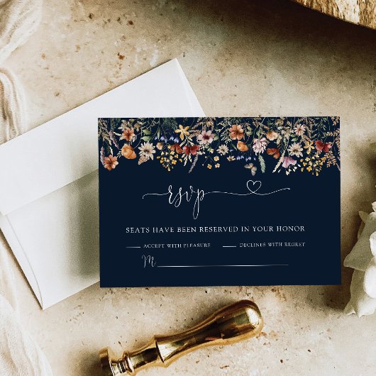 Navy Blue Tiny Wildblume Wedding RSVP Card Karte
