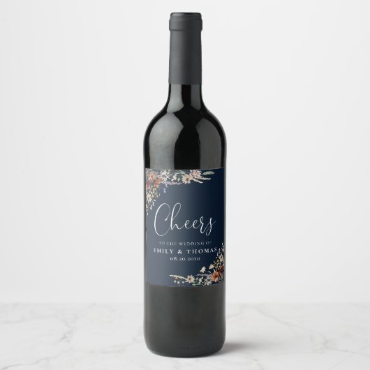 Navy Blue Tiny Wildblume Wedding Wine Label Weinetikett (Vorderseite)