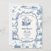 Navy Blue Toile Nautical Baby Dusche Einladung (Vorderseite)