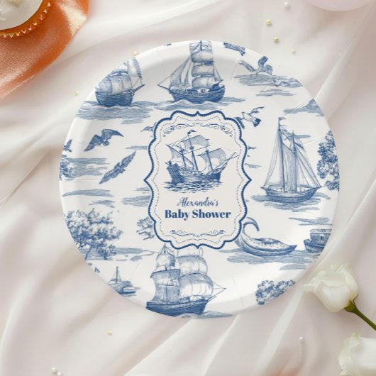 Navy Blue Toile Nautical Baby Dusche Pappteller