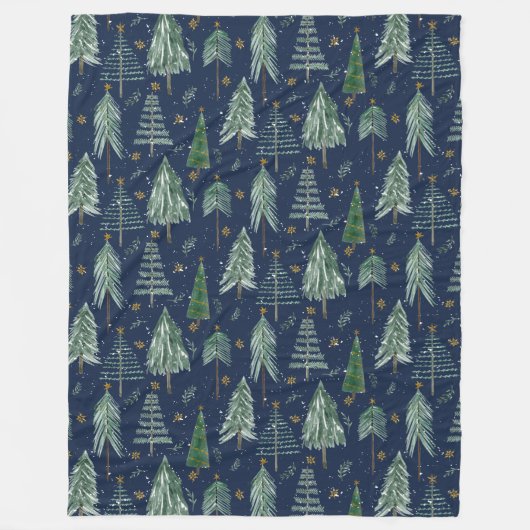 Navy Blue Tree Forest Watercolor Stars Foliage Fleecedecke (Vorderseite)