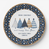 Navy Blue Trees Dots Moderner Weihnachtsfeiertag Pappteller (Vorderseite)