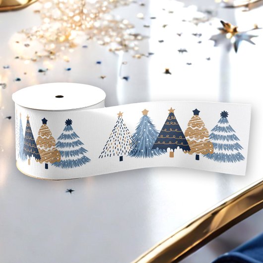 Navy Blue Trees Modern Simple Christmas Holiday Ripsband