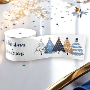 Navy Blue Trees Modern Simple Christmas Name Ripsband