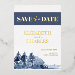 Navy Blue Trees Mountain Winter Save the Date Folieneinladung
