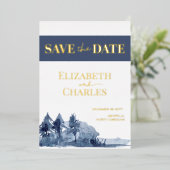 Navy Blue Trees Mountain Winter Save the Date Folieneinladung (Stehend vorne)