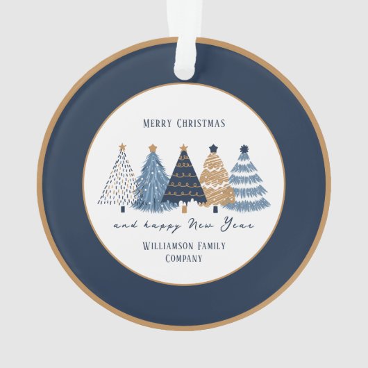 Navy Blue Trees Text Name Moderner Weihnachtsfeier Ornament (Rückseite)