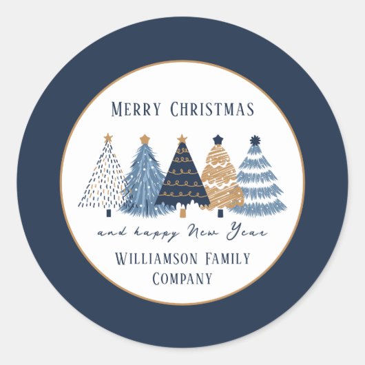 Navy Blue Trees Text Name Moderner Weihnachtsfeier Runder Aufkleber (Vorderseite)