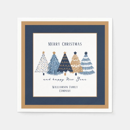Navy Blue Trees Text Name Moderner Weihnachtsfeier Serviette (Vorderseite)