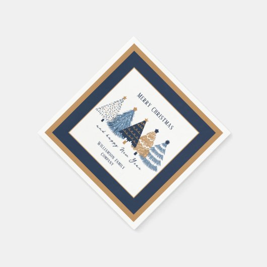 Navy Blue Trees Text Name Moderner Weihnachtsfeier Serviette (Ecke)