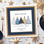 Navy Blue Trees Text Name Moderner Weihnachtsfeier Serviette