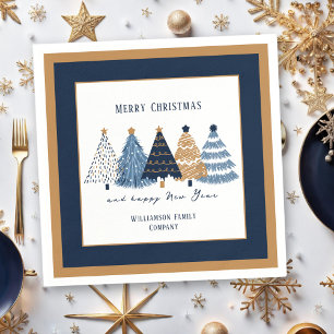 Navy Blue Trees Text Name Moderner Weihnachtsfeier Serviette