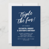 Navy Blue Triple The Fun Joint Birthday Party Einladung (Vorderseite)