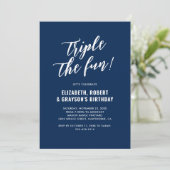 Navy Blue Triple The Fun Joint Birthday Party Einladung (Stehend Vorderseite)