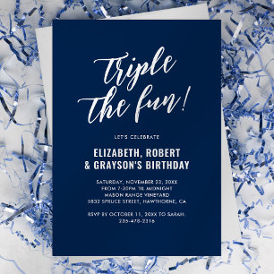 Navy Blue Triple The Fun Joint Birthday Party Einladung