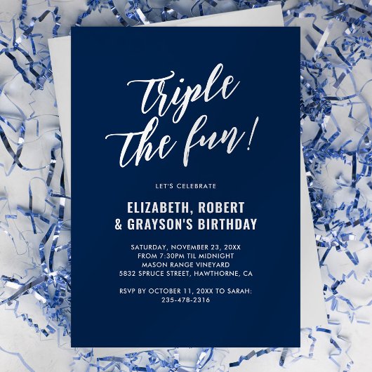 Navy Blue Triple The Fun Joint Birthday Party Einladung