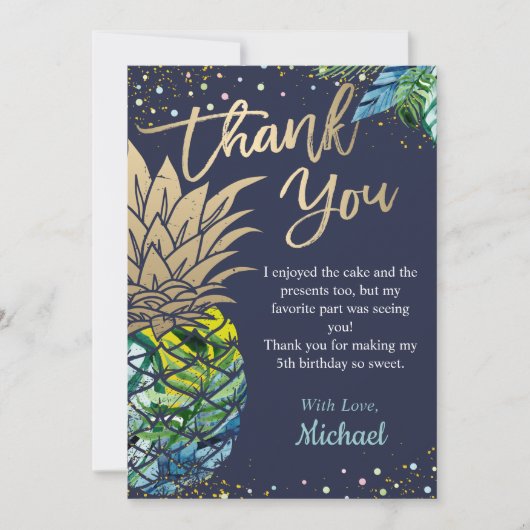 Navy Blue Tropical Luau Pineapel Beach Party Dankeskarte (Vorderseite)