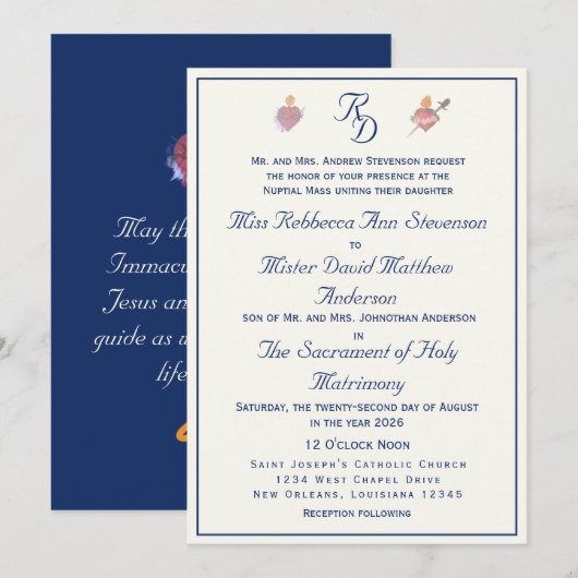Navy-Blue Two Hearts Catholic Wedding  Einladung (Vorne/Hinten)
