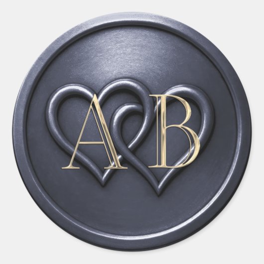 Navy Blue Two Hearts Intertwined Monogram Wedding Runder Aufkleber (Vorderseite)