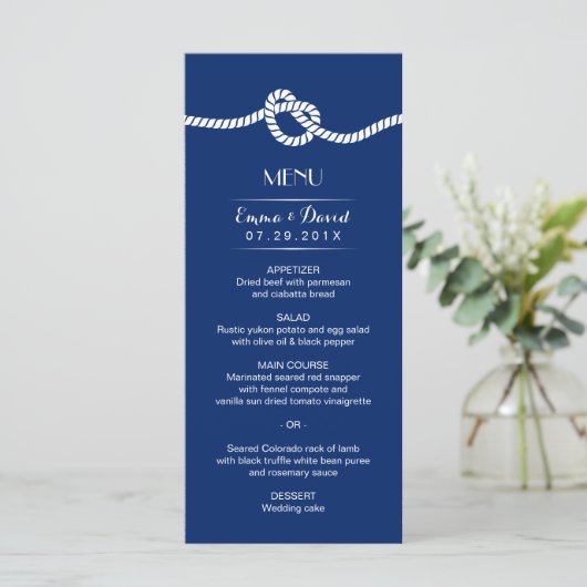 Navy Blue Tying the Knot Nautical Wedding Menu Menükarte (Stehend Vorderseite)
