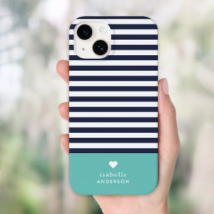 Navy Blue und Aqua Chic Stripes Heft Monogram Case-Mate iPhone 14 Hülle